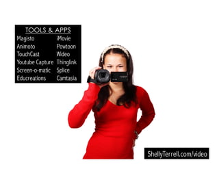 ShellyTerrell.com/video
TOOLS & APPS
Magisto iMovie
Animoto Powtoon
TouchCast Wideo
Youtube Capture Thinglink
Screen-o-matic Splice
Educreations Camtasia
 