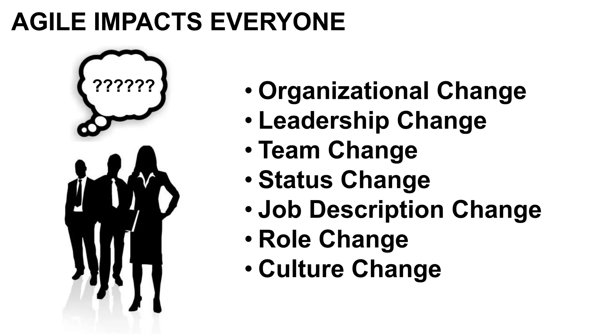 ??????
AGILE IMPACTS EVERYONE
• Organizational Change
• Leadership Change
• Team Change
• Status Change
• Job Description Change
• Role Change
• Culture Change
 