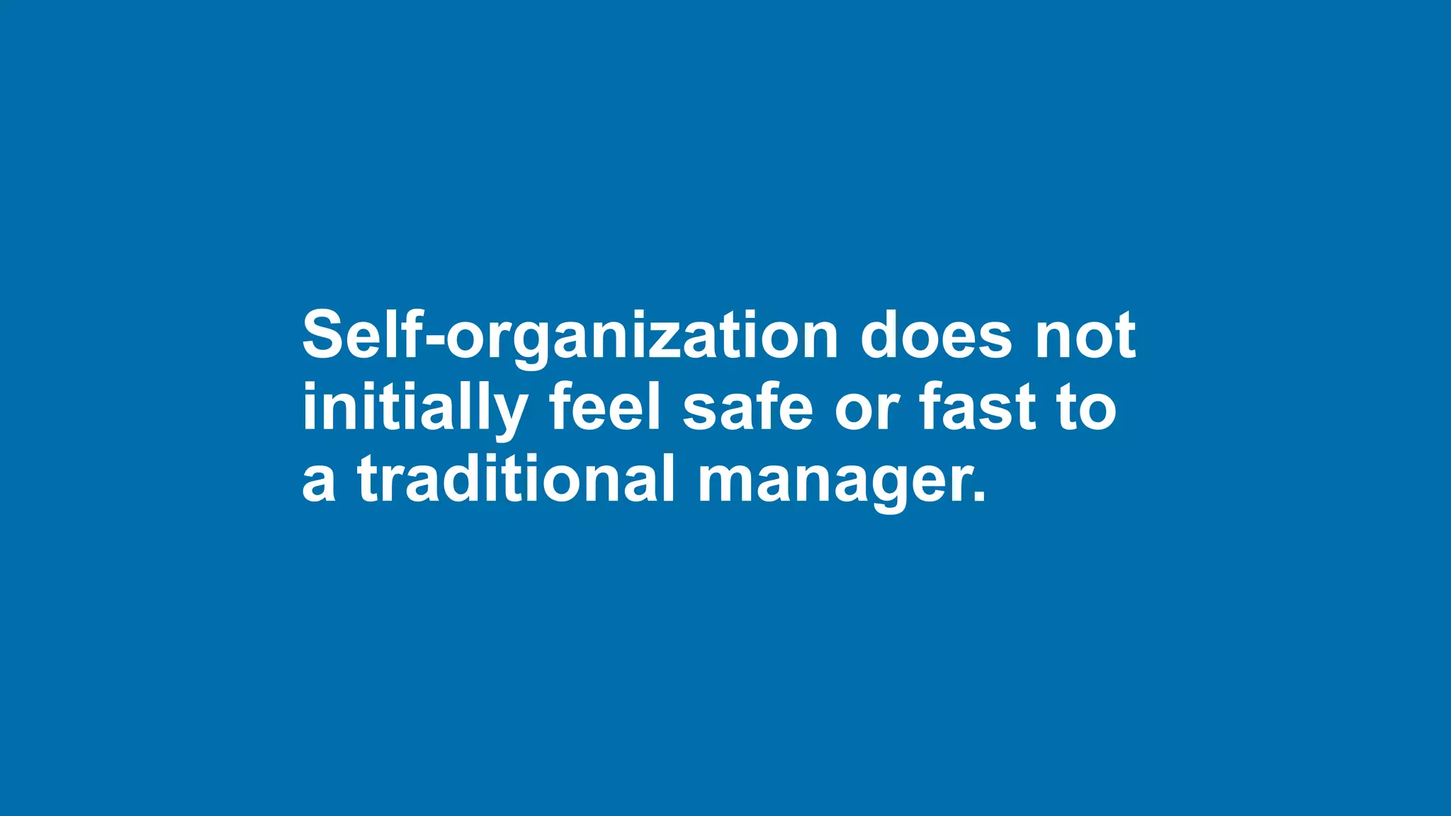 Self-organization does not
initially feel safe or fast to
a traditional manager.
 