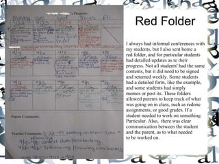 Red Folder I always had informal conferences with my students, but I also sent home a  red folder, and for particular students had detailed updates as to their progress. Not all students' had the same  contents, but it did need to be signed and returned weekly. Some students had a detailed form, like the example, and some students had simply  memos or post its. These folders allowed parents to keep track of what was going on in class, such as redone assignments, or good grades. If a  student needed to work on something Particular. Also,  there was clear  communication between the student and the parent, as to what needed to be worked on. 