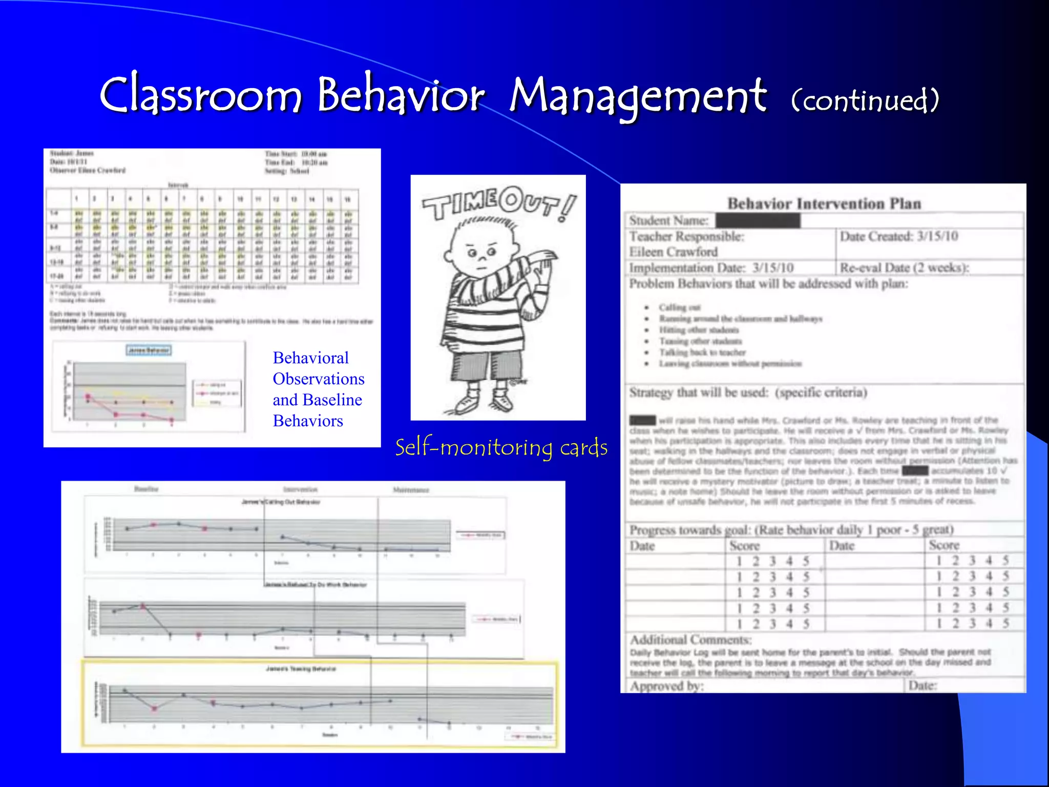 Classroom Behavior Management                 (continued)




       Behavioral
       Observations
       and Baseline
       Behaviors
                      Self-monitoring cards
 