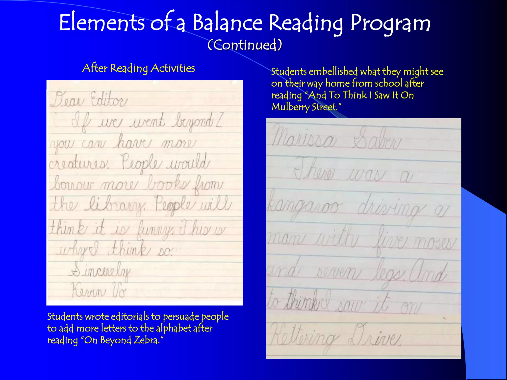 Elements of a Balance Reading Program
                                      (Continued)
        After Reading Activities               Students embellished what they might see
                                               on their way home from school after
                                               reading “And To Think I Saw It On
                                               Mulberry Street.”




Students wrote editorials to persuade people
to add more letters to the alphabet after
reading “On Beyond Zebra.”
 