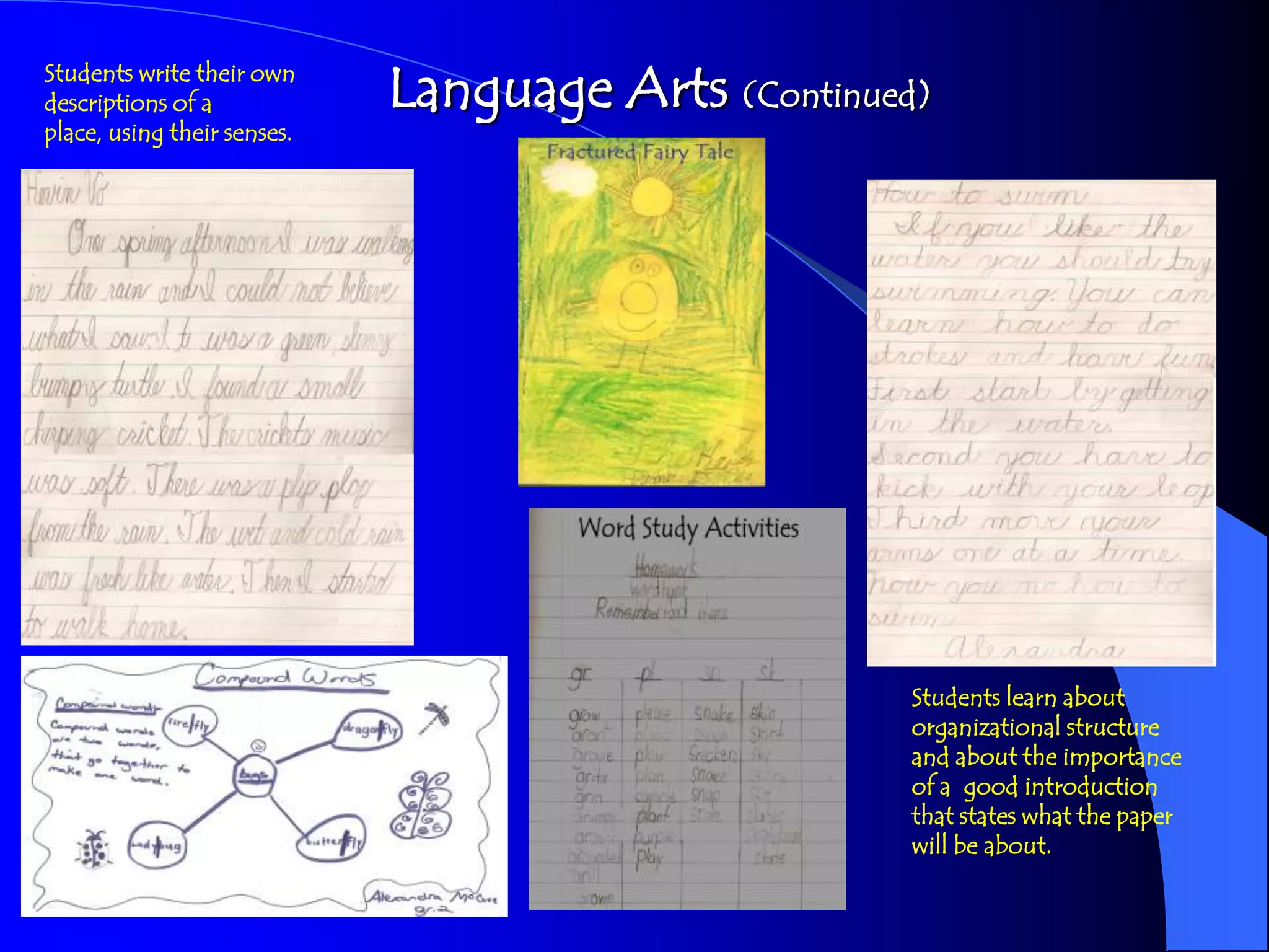 Students write their own
descriptions of a            Language Arts (Continued)
place, using their senses.




                                                     Students learn about
                                                     organizational structure
                                                     and about the importance
                                                     of a good introduction
                                                     that states what the paper
                                                     will be about.
 