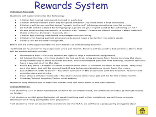 Individual Rewards
                     Rewards System
Students will earn tickets for the following:

        1 ticket for having homework turned in each day
        1 ticket will be earned each day for good behavior (no more than a first violation)
        2 tickets will be earned for being “caught in the act” of doing something nice for others
        10 tickets will be earned for bringing up a grade on your report card or for achieving an “A.”
        At any time during the month, a student can “spend” tickets on school supplies if they have left
        theirs at home. (1 ticket- 1 pencil, etc.)
        1 ticket for passing desk/work area inspection on Friday
        2 tickets for having perfect attendance (cannot have a tardy) for the entire week.
        Tickets can be earned through AR.

There will be extra opportunities to earn tickets as indicated by teacher.

I will hold an “auction” in my classroom once per month. Tickets will be used to bid on items. Items that
will be auctioned will include:

        Homework Pass – Entitles student to right to skip a homework assignment.
        All About Me Day – Entitles student to line up first, bring pictures from home to show the class,
        bring something to class to show and tell, and a homework pass for that evening. Student will also
        have a special seat for the day.
        Move My Desk – Entitles student to move their desk to another location in the room. They may
        pick the spot, but will be moved back if any behavioral problems result from the move.
        Lunch Brunch with Teacher – You may eat lunch in the classroom with the teacher. Teacher will
        provide pizza and drinks.
        Your Choice of Classroom Job – You may choose what your job will be for the entire month.
        Trinkets/School Supplies/Other small tokens

Students may choose not to use their tickets and roll them over to the next month.

Group Rewards:

If all students turn in their homework on time for an entire week, we will have an extra 15 minute recess
on Friday!

If all students exhibit good behavior all week (nothing past a first violation), we will have a movie
afternoon on Friday (complete with popcorn)!

If all students meet or exceed the standards on the FCAT, we will have a pizza party and game day!
 