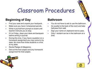Classroom Procedures
Beginning of Day                                  Bathroom
  Find your seat and unpack your backpack.         You do not have to ask to use the bathroom.
  Make sure you have 2 sharpened pencils.          Go quietly to the back of the room and take
  Write in journal from prompt on board until      hall pass from wall.
  teacher instructs you to stop.                   Sign your name on clipboard next to pass.
  If it is Friday, clean your desk and backpack    Only 1 student can be in the bathroom at a
  before writing in journal.                       time.
  During this time, if you have a question on a
  homework assignment you may come to my
  desk. No more than three students in a line
  at my desk.
  Recite Pledge of Allegiance.
  Get out the first subject and any homework
  assignment for that subject.
 