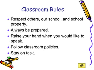 Classroom Rules
Respect others, our school, and school
property.
Always be prepared.
Raise your hand when you would like to
speak.
Follow classroom policies.
Stay on task.
 