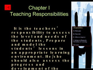 It is the teachers’ responsibility to assess the level and needs of the students, Prepare and model the students’ lessons in an appropriate learning environment. He/she should also  assess the progress and development of the students.  Finally, use the results to improve the approach.  Chapter I Teaching Responsibilities I.  Responsibilities II. Philosophy III. Materials IV. Efforts to Improve  V. Ratings on Diagnostic    VI.Evidence of  Learning  VII. Goals 