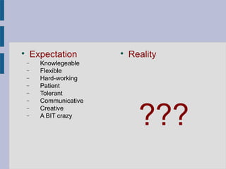 
        Expectation       
                              Reality
    −     Knowlegeable
    −     Flexible
    −     Hard-working
    −     Patient
    −     Tolerant
    −     Communicative
          Creative

                                ???
    −
    −     A BIT crazy
 