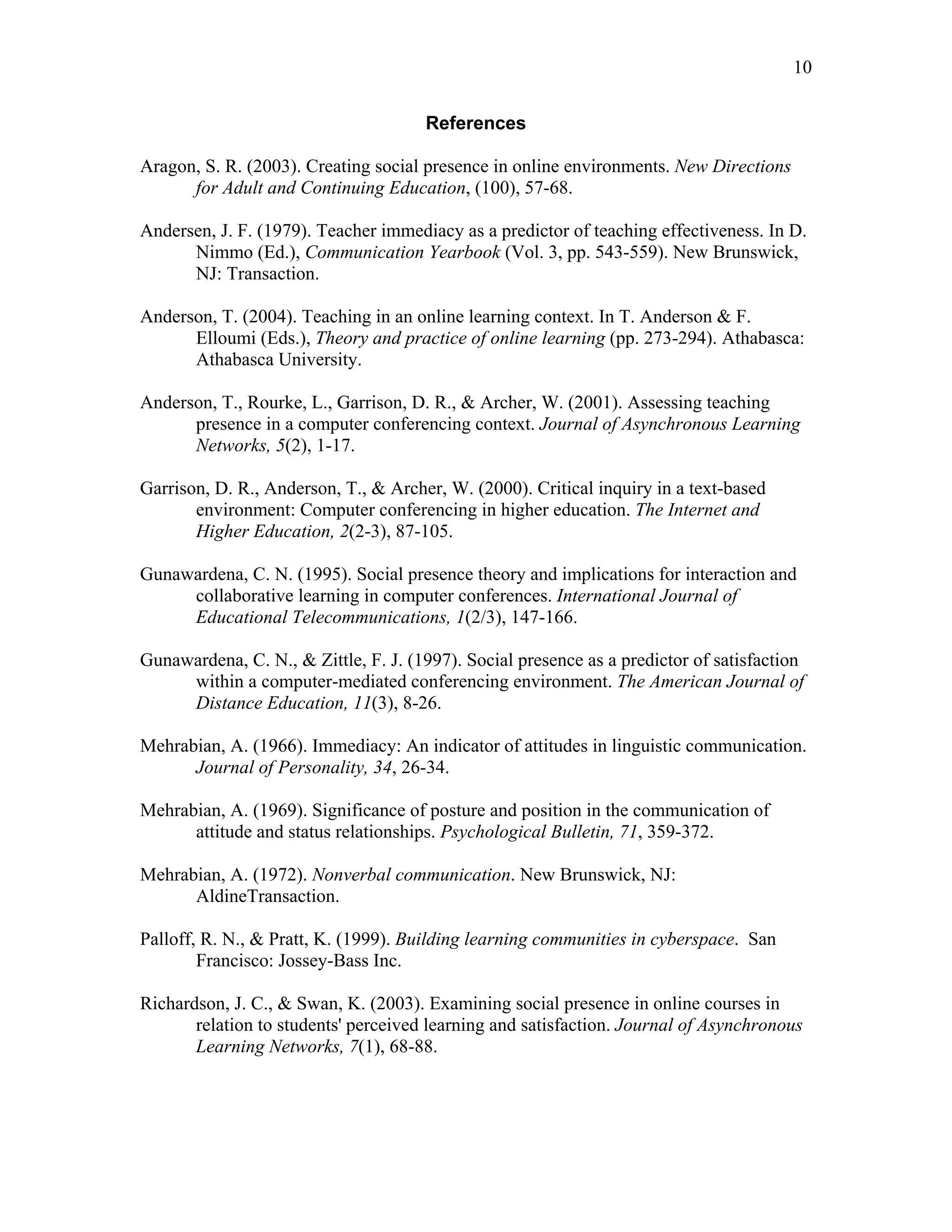 10 
References 
Aragon, S. R. (2003). Creating social presence in online environments. New Directions 
for Adult and Continuing Education, (100), 57-68. 
Andersen, J. F. (1979). Teacher immediacy as a predictor of teaching effectiveness. In D. 
Nimmo (Ed.), Communication Yearbook (Vol. 3, pp. 543-559). New Brunswick, 
NJ: Transaction. 
Anderson, T. (2004). Teaching in an online learning context. In T. Anderson & F. 
Elloumi (Eds.), Theory and practice of online learning (pp. 273-294). Athabasca: 
Athabasca University. 
Anderson, T., Rourke, L., Garrison, D. R., & Archer, W. (2001). Assessing teaching 
presence in a computer conferencing context. Journal of Asynchronous Learning 
Networks, 5(2), 1-17. 
Garrison, D. R., Anderson, T., & Archer, W. (2000). Critical inquiry in a text-based 
environment: Computer conferencing in higher education. The Internet and 
Higher Education, 2(2-3), 87-105. 
Gunawardena, C. N. (1995). Social presence theory and implications for interaction and 
collaborative learning in computer conferences. International Journal of 
Educational Telecommunications, 1(2/3), 147-166. 
Gunawardena, C. N., & Zittle, F. J. (1997). Social presence as a predictor of satisfaction 
within a computer-mediated conferencing environment. The American Journal of 
Distance Education, 11(3), 8-26. 
Mehrabian, A. (1966). Immediacy: An indicator of attitudes in linguistic communication. 
Journal of Personality, 34, 26-34. 
Mehrabian, A. (1969). Significance of posture and position in the communication of 
attitude and status relationships. Psychological Bulletin, 71, 359-372. 
Mehrabian, A. (1972). Nonverbal communication. New Brunswick, NJ: 
AldineTransaction. 
Palloff, R. N., & Pratt, K. (1999). Building learning communities in cyberspace. San 
Francisco: Jossey-Bass Inc. 
Richardson, J. C., & Swan, K. (2003). Examining social presence in online courses in 
relation to students' perceived learning and satisfaction. Journal of Asynchronous 
Learning Networks, 7(1), 68-88. 
 
