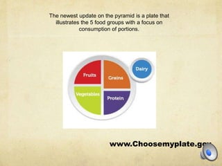 www.Choosemyplate.gov
The newest update on the pyramid is a plate that
illustrates the 5 food groups with a focus on
consumption of portions.
 