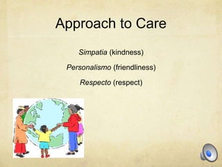Approach to Care
Simpatia (kindness)
Personalismo (friendliness)
Respecto (respect)
 