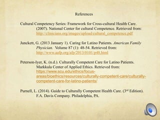 References
Cultural Competency Series: Framework for Cross-cultural Health Care.
(2007). National Center for cultural Competence. Retrieved from:
http://clinicians.org/images/upload/cultural_competence.pdf
Junckett, G. (2013 January 1). Caring for Latino Patients. American Family
Physician. Volume 87 (1): 48-54. Retrieved from:
http://www.aafp.org/afp/2013/0101/p48.html
Peterson-Iyer, K. (n.d.). Culturally Competent Care for Latino Patients.
Markkula Center of Applied Ethics. Retrieved from:
Purnell, L. (2014). Guide to Culturally Competent Health Care. (3rd Edition).
F.A. Davis Company. Philadelphia, PA.
https://www.scu.edu/ethics/focus-
areas/bioethics/resources/culturally-competent-care/culturally-
competent-care-for-latino-patients/
 