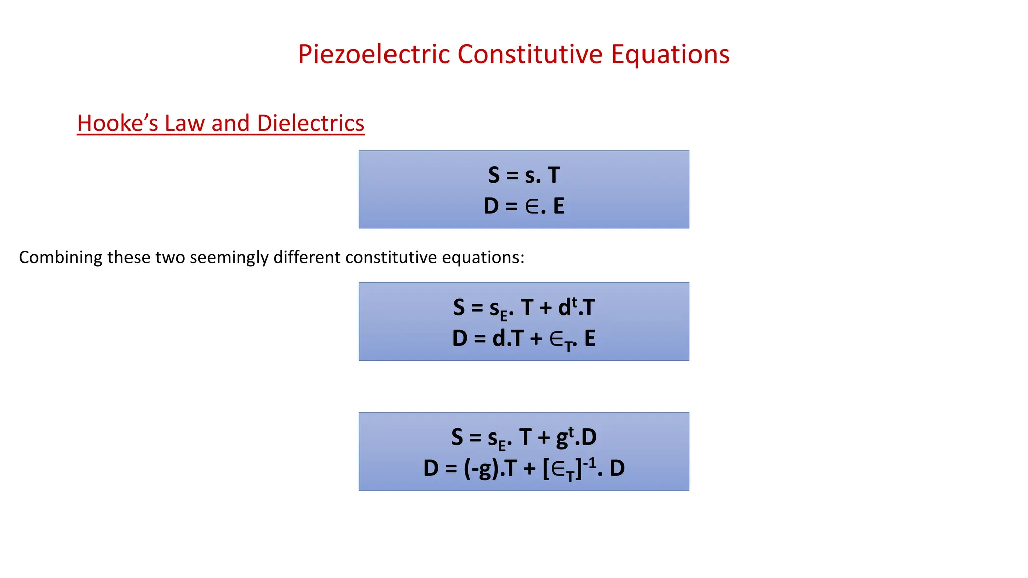 Piezoelectric Constitutive Equations
Hooke’s Law and Dielectrics
S = s. T
D = ∈. E
Combining these two seemingly different constitutive equations:
S = sE. T + dt.T
D = d.T + ∈T. E
S = sE. T + gt.D
D = (-g).T + [∈T]-1. D
 