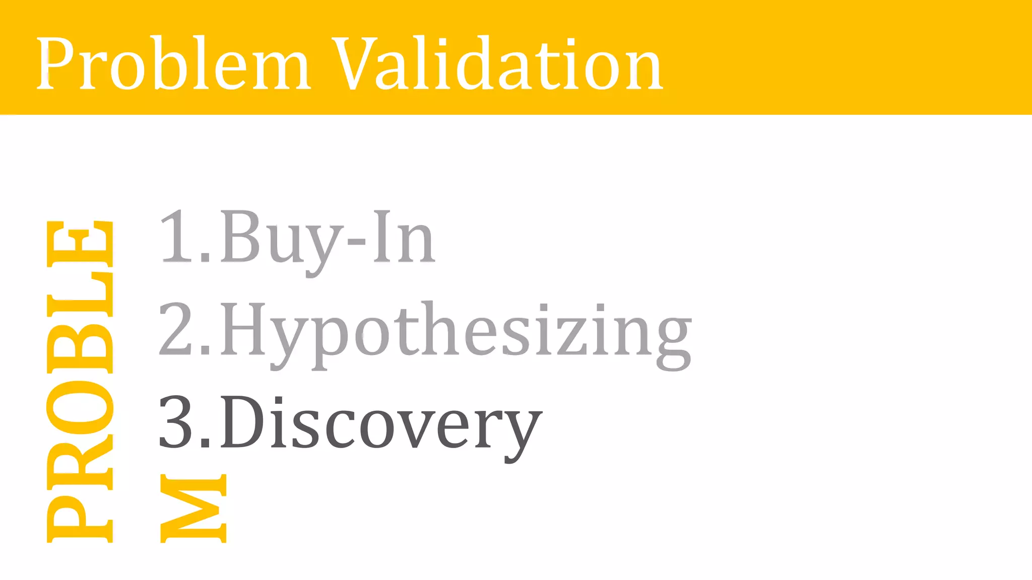 Problem ValidationPROBLE
M1.Buy-In
2.Hypothesizing
1.Buy-In
2.Hypothesizing
3.Discovery
 