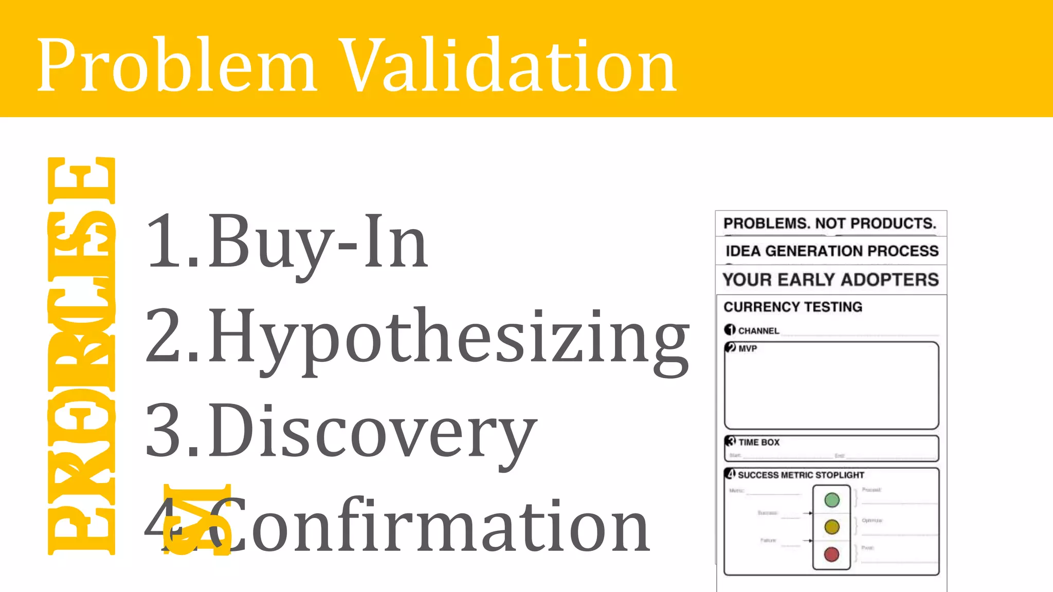 Problem ValidationPROBLE
M1.Buy-In
2.Hypothesizing
3.Discovery
4.Confirmation
EXERCISE
S
 