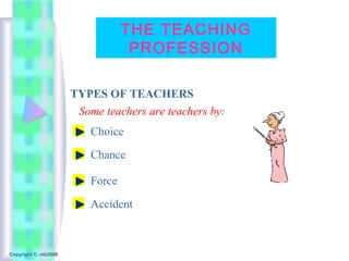THE TEACHING
                                    PROFESSION

                       TYPES OF TEACHERS
                        Some teachers are teachers by:
                           Choice

                           Chance

                           Force

                           Accident



Copyright ©, otb2008
 