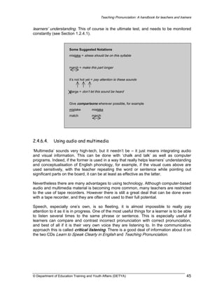 Teaching Pronunciation: A handbook for teachers and trainers

learners’ understanding. This of course is the ultimate test, and needs to be monitored
constantly (see Section 1.2.4.1).

Some Suggested Notations
mistake = stress should be on this syllable
march = make this part longer
it’s not hot yet = pay attention to these sounds
glarge = don’t let this sound be heard
Give comparisons wherever possible, for example
mistake
match

2.4.6.4.

mistake
march

Using audio and multimedia

‘Multimedia’ sounds very high-tech, but it needn’t be – it just means integrating audio
and visual information. This can be done with ‘chalk and talk’ as well as computer
programs. Indeed, if the former is used in a way that really helps learners’ understanding
and conceptualisation of English phonology, for example, if the visual cues above are
used sensitively, with the teacher repeating the word or sentence while pointing out
significant parts on the board, it can be at least as effective as the latter.
Nevertheless there are many advantages to using technology. Although computer-based
audio and multimedia material is becoming more common, many teachers are restricted
to the use of tape recorders. However there is still a great deal that can be done even
with a tape recorder, and they are often not used to their full potential.
Speech, especially one’s own, is so fleeting, it is almost impossible to really pay
attention to it as it is in progress. One of the most useful things for a learner is to be able
to listen several times to the same phrase or sentence. This is especially useful if
learners can compare and contrast incorrect pronunciation with correct pronunciation,
and best of all if it is their very own voice they are listening to. In the communicative
approach this is called critical listening. There is a good deal of information about it on
the two CDs Learn to Speak Clearly in English and Teaching Pronunciation.

© Department of Education Training and Youth Affairs (DETYA)

45

 
