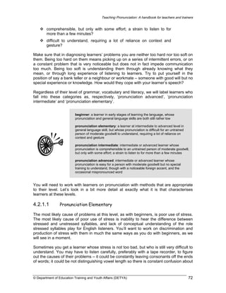 Teaching Pronunciation: A handbook for teachers and trainers

comprehensible, but only with some effort; a strain to listen to for
more than a few minutes?
difficult to understand, requiring a lot of reliance on context and
gesture?
Make sure that in diagnosing learners’ problems you are neither too hard nor too soft on
them. Being too hard on them means picking up on a series of intermittent errors, or on
a constant problem that is very noticeable but does not in fact impede communication
too much. Being too soft is understanding them through already knowing what they
mean, or through long experience of listening to learners. Try to put yourself in the
position of say a bank teller or a neighbour or workmate – someone with good will but no
special experience or knowledge. How would they cope with your learner’s speech?
Regardless of their level of grammar, vocabulary and literacy, we will label learners who
fall into these categories as, respectively, ‘pronunciation advanced’, ‘pronunciation
intermediate’ and ‘pronunciation elementary’.
beginner: a learner in early stages of learning the language, whose
pronunciation and general language skills are both still rather low
pronunciation elementary: a learner at intermediate to advanced level in
general language skill, but whose pronunciation is difficult for an untrained
person of moderate goodwill to understand, requiring a lot of reliance on
context and gesture
pronunciation intermediate: intermediate or advanced learner whose
pronunciation is comprehensible to an untrained person of moderate goodwill,
but only with some effort; a strain to listen to for more than a few minutes
pronunciation advanced: intermediate or advanced learner whose
pronunciation is easy for a person with moderate goodwill but no special
training to understand, though with a noticeable foreign accent, and the
occasional mispronounced word

You will need to work with learners on pronunciation with methods that are appropriate
to their level. Let’s look in a bit more detail at exactly what it is that characterises
learners at these levels.

4.2.1.1

Pronunciation Elementary

The most likely cause of problems at this level, as with beginners, is poor use of stress.
The most likely cause of poor use of stress is inability to hear the difference between
stressed and unstressed syllables, and lack of conceptual understanding of the role
stressed syllables play for English listeners. You’ll want to work on discrimination and
production of stress with them in much the same ways as you do with beginners, as we
will see in a moment.
Sometimes you get a learner whose stress is not too bad, but who is still very difficult to
understand. You may have to listen carefully, preferably with a tape recorder, to figure
out the causes of their problems – it could be constantly leaving consonants off the ends
of words; it could be not distinguishing vowel length so there is constant confusion about

© Department of Education Training and Youth Affairs (DETYA)

72

 