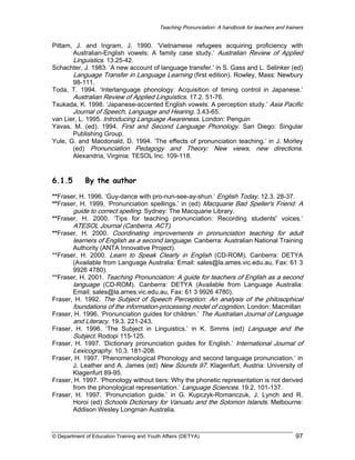 Teaching Pronunciation: A handbook for teachers and trainers

Pittam, J. and Ingram, J. 1990. ‘Vietnamese refugees acquiring proficiency with
Australian-English vowels: A family case study.’ Australian Review of Applied
Linguistics. 13.25-42.
Schachter, J. 1983. ‘A new account of language transfer.’ in S. Gass and L. Selinker (ed)
Language Transfer in Language Learning (first edition). Rowley, Mass: Newbury
98-111.
Toda, T. 1994. ‘Interlanguage phonology: Acquisition of timing control in Japanese.’
Australian Review of Applied Linguistics. 17.2. 51-76.
Tsukada, K. 1998. ‘Japanese-accented English vowels: A perception study.’ Asia Pacific
Journal of Speech, Language and Hearing. 3.43-65.
van Lier, L. 1995. Introducing Language Awareness. London: Penguin
Yavas, M. (ed). 1994. First and Second Language Phonology. San Diego: Singular
Publishing Group.
Yule, G. and Macdonald, D. 1994. ‘The effects of pronunciation teaching.’ in J. Morley
(ed) Pronunciation Pedagogy and Theory: New views, new directions.
Alexandria, Virginia: TESOL Inc. 109-118.

6.1.5

By the author

**Fraser, H. 1996. ‘Guy-dance with pro-nun-see-ay-shun.’ English Today. 12.3. 28-37.
**Fraser, H. 1999. ‘Pronunciation spellings.’ in (ed) Macquarie Bad Speller's Friend: A
guide to correct spelling. Sydney: The Macquarie Library.
**Fraser, H. 2000. ‘Tips for teaching pronunciation: Recording students' voices.’
ATESOL Journal (Canberra, ACT).
**Fraser, H. 2000. Coordinating improvements in pronunciation teaching for adult
learners of English as a second language. Canberra: Australian National Training
Authority (ANTA Innovative Project).
**Fraser, H. 2000. Learn to Speak Clearly in English (CD-ROM). Canberra: DETYA
(Available from Language Australia: Email: sales@la.ames.vic.edu.au, Fax: 61 3
9926 4780).
**Fraser, H. 2001. Teaching Pronunciation: A guide for teachers of English as a second
language (CD-ROM). Canberra: DETYA (Available from Language Australia:
Email: sales@la.ames.vic.edu.au, Fax: 61 3 9926 4780).
Fraser, H. 1992. The Subject of Speech Perception: An analysis of the philosophical
foundations of the information-processing model of cognition. London: Macmillan
Fraser, H. 1996. ‘Pronunciation guides for children.’ The Australian Journal of Language
and Literacy. 19.3. 221-243.
Fraser, H. 1996. ‘The Subject in Linguistics.’ in K. Simms (ed) Language and the
Subject. Rodopi 115-125.
Fraser, H. 1997. ‘Dictionary pronunciation guides for English.’ International Journal of
Lexicography. 10.3. 181-208.
Fraser, H. 1997. ‘Phenomenological Phonology and second language pronunciation.’ in
J. Leather and A. James (ed) New Sounds 97. Klagenfurt, Austria: University of
Klagenfurt 89-95.
Fraser, H. 1997. ‘Phonology without tiers: Why the phonetic representation is not derived
from the phonological representation.’ Language Sciences. 19.2. 101-137.
Fraser, H. 1997. ‘Pronunciation guide.’ in G. Kupczyk-Romanczuk, J. Lynch and R.
Horoi (ed) Schools Dictionary for Vanuatu and the Solomon Islands. Melbourne:
Addison Wesley Longman Australia.

© Department of Education Training and Youth Affairs (DETYA)

97

 