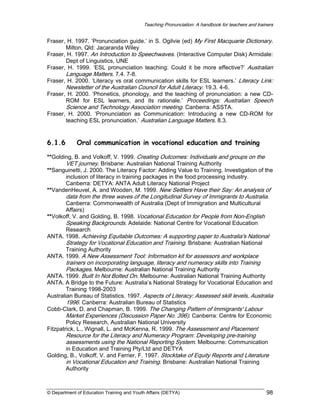 Teaching Pronunciation: A handbook for teachers and trainers

Fraser, H. 1997. ‘Pronunciation guide.’ in S. Ogilvie (ed) My First Macquarie Dictionary.
Milton, Qld: Jacaranda Wiley
Fraser, H. 1997. An Introduction to Speechwaves. (Interactive Computer Disk) Armidale:
Dept of Linguistics, UNE
Fraser, H. 1999. ‘ESL pronunciation teaching: Could it be more effective?’ Australian
Language Matters. 7.4. 7-8.
Fraser, H. 2000. ‘Literacy vs oral communication skills for ESL learners.’ Literacy Link:
Newsletter of the Australian Council for Adult Literacy. 19.3. 4-6.
Fraser, H. 2000. ‘Phonetics, phonology, and the teaching of pronunciation: a new CDROM for ESL learners, and its rationale.’ Proceedings: Australian Speech
Science and Technology Association meeting. Canberra: ASSTA.
Fraser, H. 2000. ‘Pronunciation as Communication: Introducing a new CD-ROM for
teaching ESL pronunciation.’ Australian Language Matters. 8.3.

6.1.6

Oral communication in vocational education and training

**Golding, B. and Volkoff, V. 1999. Creating Outcomes: Individuals and groups on the
VET journey. Brisbane: Australian National Training Authority
**Sanguinetti, J. 2000. The Literacy Factor: Adding Value to Training. Investigation of the
inclusion of literacy in training packages in the food processing industry.
Canberra: DETYA: ANTA Adult Literacy National Project
**VandenHeuvel, A. and Wooden, M. 1999. New Settlers Have their Say: An analysis of

data from the three waves of the Longitudinal Survey of Immigrants to Australia.

Canberra: Commonwealth of Australia (Dept of Immigration and Multicultural
Affairs)
**Volkoff, V. and Golding, B. 1998. Vocational Education for People from Non-English
Speaking Backgrounds. Adelaide: National Centre for Vocational Education
Research
ANTA. 1998. Achieving Equitable Outcomes: A supporting paper to Australia's National
Strategy for Vocational Education and Training. Brisbane: Australian National
Training Authority
ANTA. 1999. A New Assessment Tool: Information kit for assessors and workplace

trainers on incorporating language, literacy and numeracy skills into Training
Packages. Melbourne: Australian National Training Authority
ANTA. 1999. Built In Not Bolted On. Melbourne: Australian National Training Authority

ANTA. A Bridge to the Future: Australia’s National Strategy for Vocational Education and
Training 1998-2003
Australian Bureau of Statistics. 1997. Aspects of Literacy: Assessed skill levels, Australia
1996. Canberra: Australian Bureau of Statistics
Cobb-Clark, D. and Chapman, B. 1999. The Changing Pattern of Immigrants' Labour
Market Experiences (Discussion Paper No. 396). Canberra: Centre for Economic
Policy Research, Australian National University
Fitzpatrick, L., Wignall, L. and McKenna, R. 1999. The Assessment and Placement

Resource for the Literacy and Numeracy Program: Developing pre-training
assessments using the National Reporting System. Melbourne: Communication

in Education and Training Pty/Ltd and DETYA
Golding, B., Volkoff, V. and Ferrier, F. 1997. Stocktake of Equity Reports and Literature
in Vocational Education and Training. Brisbane: Australian National Training
Authority

© Department of Education Training and Youth Affairs (DETYA)

98

 