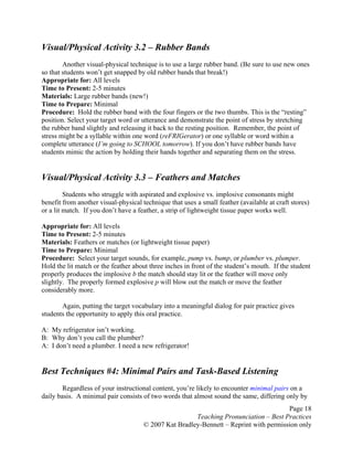 Page 18
Teaching Pronunciation – Best Practices
© 2007 Kat Bradley-Bennett – Reprint with permission only
Visual/Physical Activity 3.2 – Rubber Bands
Another visual-physical technique is to use a large rubber band. (Be sure to use new ones
so that students won’t get snapped by old rubber bands that break!)
Appropriate for: All levels
Time to Present: 2-5 minutes
Materials: Large rubber bands (new!)
Time to Prepare: Minimal
Procedure: Hold the rubber band with the four fingers or the two thumbs. This is the “resting”
position. Select your target word or utterance and demonstrate the point of stress by stretching
the rubber band slightly and releasing it back to the resting position. Remember, the point of
stress might be a syllable within one word (reFRIGerator) or one syllable or word within a
complete utterance (I’m going to SCHOOL tomorrow). If you don’t have rubber bands have
students mimic the action by holding their hands together and separating them on the stress.
Visual/Physical Activity 3.3 – Feathers and Matches
Students who struggle with aspirated and explosive vs. implosive consonants might
benefit from another visual-physical technique that uses a small feather (available at craft stores)
or a lit match. If you don’t have a feather, a strip of lightweight tissue paper works well.
Appropriate for: All levels
Time to Present: 2-5 minutes
Materials: Feathers or matches (or lightweight tissue paper)
Time to Prepare: Minimal
Procedure: Select your target sounds, for example, pump vs. bump, or plumber vs. plumper.
Hold the lit match or the feather about three inches in front of the student’s mouth. If the student
properly produces the implosive b the match should stay lit or the feather will move only
slightly. The properly formed explosive p will blow out the match or move the feather
considerably more.
Again, putting the target vocabulary into a meaningful dialog for pair practice gives
students the opportunity to apply this oral practice.
A: My refrigerator isn’t working.
B: Why don’t you call the plumber?
A: I don’t need a plumber. I need a new refrigerator!
Best Techniques #4: Minimal Pairs and Task-Based Listening
Regardless of your instructional content, you’re likely to encounter minimal pairs on a
daily basis. A minimal pair consists of two words that almost sound the same, differing only by
 