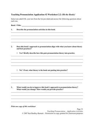 Page 31
Teaching Pronunciation – Application Activities
© 2007 Kat Bradley-Bennett – Permission to copy granted for classroom purposes
Teaching Pronunciation Application #2 Worksheet 2.2: Hit the Books!
Select one adult ESL core text from the list provided and answer the following questions about
each one.
Book 1 Title: _______________________________________________________
1. Describe the pronunciation activities in this book:
______________________________________________________________________________
______________________________________________________________________________
______________________________________________________________________________
______________________________________________________________________________
2. Does this book’s approach to pronunciation align with what you know about theory
and best practices?
Yes? Briefly describe how this puts pronunciation theory into practice.
______________________________________________________________________________
______________________________________________________________________________
______________________________________________________________________________
_____________________________________________________________________________
No? If not, what theory is the book not putting into practice?
______________________________________________________________________________
______________________________________________________________________________
______________________________________________________________________________
_____________________________________________________________________________
3. What would you do to improve this book’s approach to pronunciation theory?
What would you change? How would you provide practice?
______________________________________________________________________________
______________________________________________________________________________
______________________________________________________________________________
_____________________________________________________________________________
Print one copy of this worksheet
 