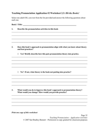 Page 32
Teaching Pronunciation – Application Activities
© 2007 Kat Bradley-Bennett – Permission to copy granted for classroom purposes
Teaching Pronunciation Application #2 Worksheet 2.3: Hit the Books!
Select one adult ESL core text from the list provided and answer the following questions about
each one.
Book 1 Title: _______________________________________________________
1. Describe the pronunciation activities in this book:
______________________________________________________________________________
______________________________________________________________________________
______________________________________________________________________________
______________________________________________________________________________
2. Does this book’s approach to pronunciation align with what you know about theory
and best practices?
Yes? Briefly describe how this puts pronunciation theory into practice.
______________________________________________________________________________
______________________________________________________________________________
______________________________________________________________________________
_____________________________________________________________________________
No? If not, what theory is the book not putting into practice?
______________________________________________________________________________
______________________________________________________________________________
______________________________________________________________________________
_____________________________________________________________________________
3. What would you do to improve this book’s approach to pronunciation theory?
What would you change? How would you provide practice?
______________________________________________________________________________
______________________________________________________________________________
______________________________________________________________________________
_____________________________________________________________________________
Print one copy of this worksheet
 