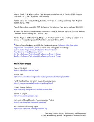 Teaching Pronunciation – Bibliography and Resources
© 2007 Kat Bradley-Bennett – Reprint with permission only
Nilsen, Don L.F. & Nilsen, Alleen Pace; Pronunciation Contrasts in English, USA: Pearson
Education 1973 (2002 Waveland Press reissue)
Nunan, David and Miller, Lindsay, Editors; New Ways in Teaching Listening; New Ways in
TESOL Series, 1995
Parrish, Betsy, Teaching Adult ESL, A Practical Introduction, New York: McGraw Hill, 2004
Schwarz, Dr. Robin, Using Phonemic Awareness with ESL Students, retrieved from the National
Center for Adult Learning and Literacy, 1998
Rivers, Wilga M. and Temperley, Mary S., A Practical Guide to the Teaching of English as a
Second or Foreign Language, USA: Oxford University Press, 1978
*Many of these books are available for check out from the Colorado Adult Education
Professional Development Centers. Refer to their catalogs for availability:
Denver Metro Professional Development Resource Center
Four Corners Virtual Resource Center
Northern Colorado Professional Development Resource Center
Southern Colorado Professional Development Resource Center
Web Resources:
Dave’s ESL Café
http://www.eslcafe.com/teachers/
eslflow.com
http://www.homestead.com/prosites-eslflow/pronunciationlessonplans.html
North Carolina State University Index of Learning Styles
http://www.engr.ncsu.edu/learningstyles/ilsweb.html
Pizzaz! Tongue Twisters
http://darkwing.uoregon.edu/~leslieob/twisters.html
Sounds of English
http://www.soundsofenglish.org/
University of Iowa Phonetics Flash Animation Project
http://www.uiowa.edu/~acadtech/phonetics/
VARK Guide to Learning Styles
http://www.vark-learn.com/english/index.asp
 
