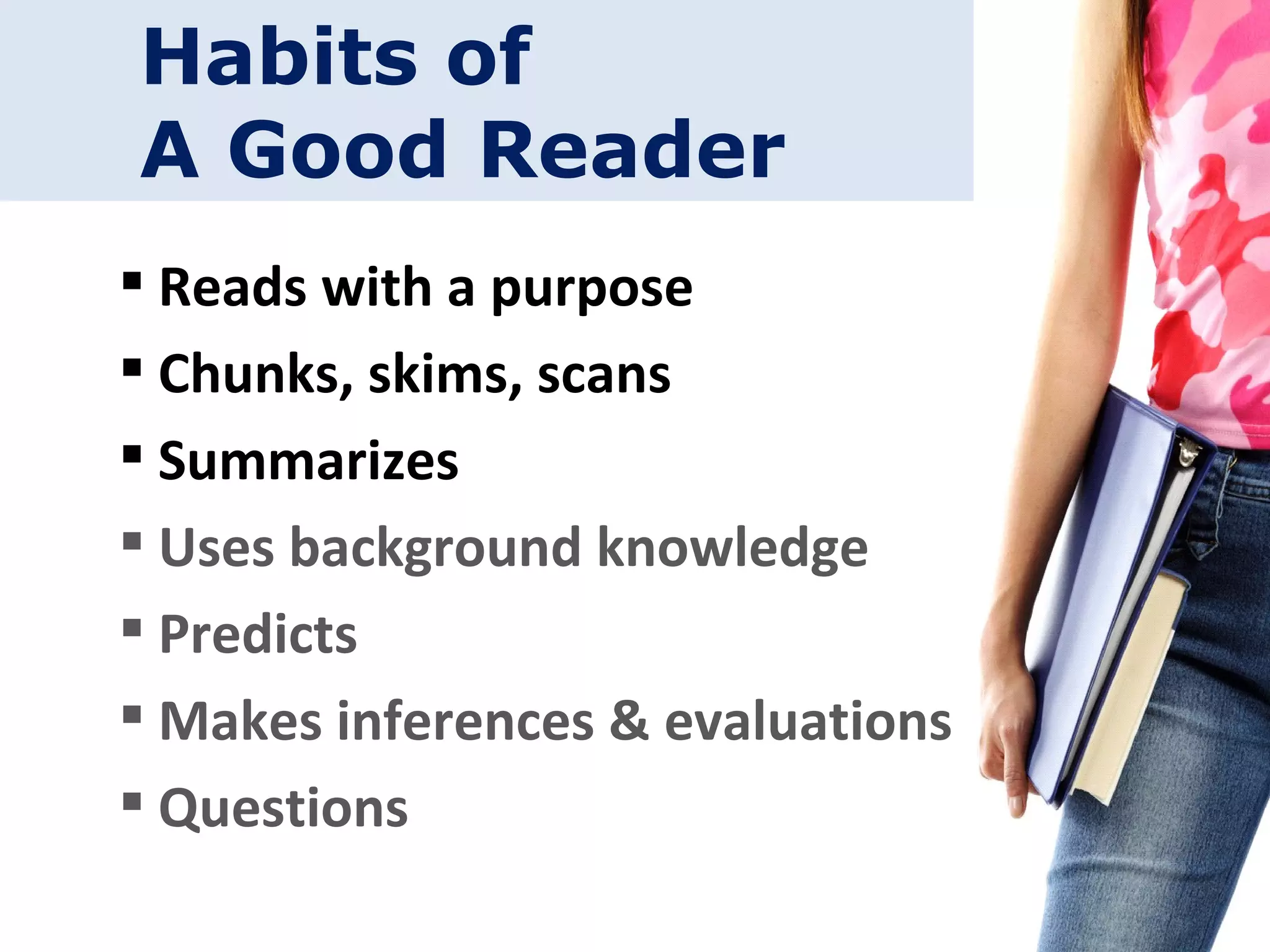 m n RAJU Habits of  A Good Reader Reads with a purpose Chunks, skims, scans Summarizes Uses background knowledge Predicts Makes inferences & evaluations Questions 