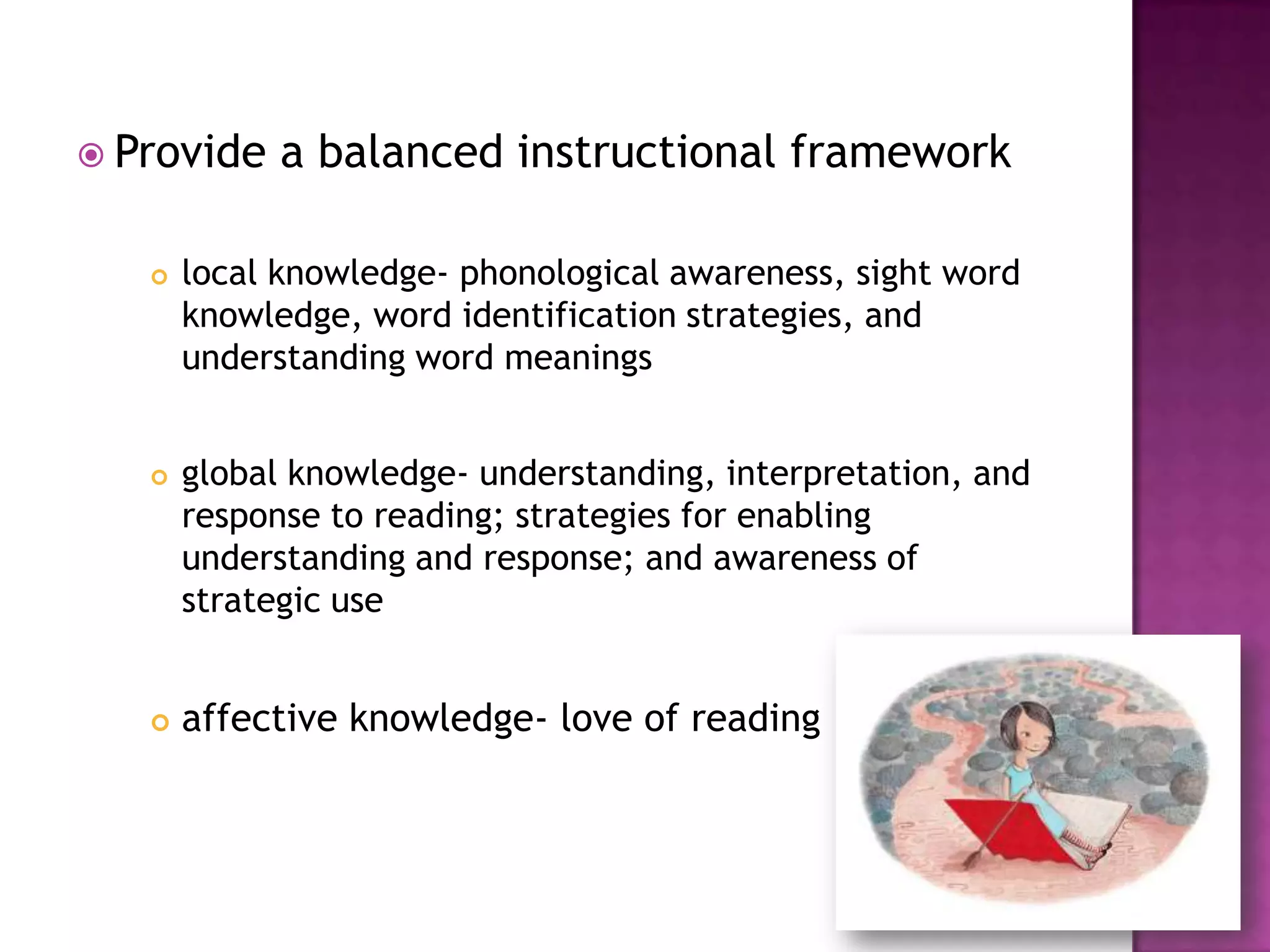  Provide a balanced instructional framework
 local knowledge- phonological awareness, sight word
knowledge, word identification strategies, and
understanding word meanings
 global knowledge- understanding, interpretation, and
response to reading; strategies for enabling
understanding and response; and awareness of
strategic use
 affective knowledge- love of reading
 