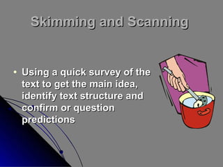 Skimming and Scanning

•

Using a quick survey of the
text to get the main idea,
identify text structure and
confirm or question
predictions

 