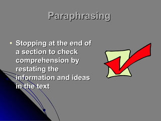 Paraphrasing
•

Stopping at the end of
a section to check
comprehension by
restating the
information and ideas
in the text

 