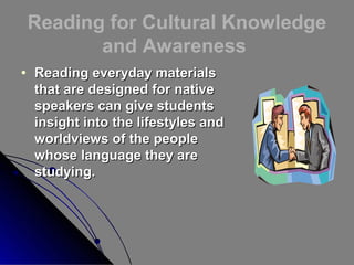Reading for Cultural Knowledge
and Awareness
•

Reading everyday materials
that are designed for native
speakers can give students
insight into the lifestyles and
worldviews of the people
whose language they are
studying.

 