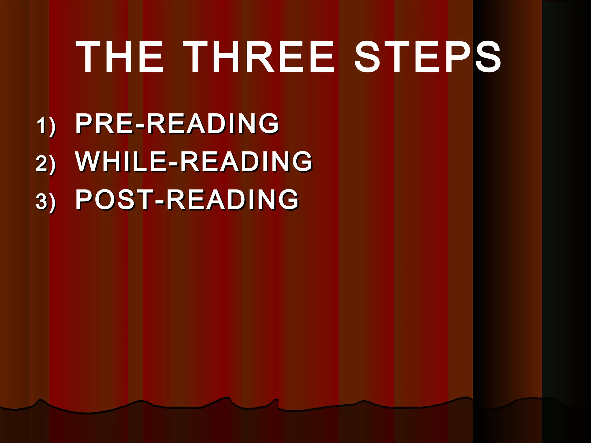 THE THREE STEPS
1)1) PRE-READINGPRE-READING
2)2) WHILE-READINGWHILE-READING
3)3) POST-READINGPOST-READING
 
