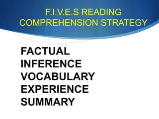 F.I.V.E.S READING
COMPREHENSION STRATEGY
FACTUAL
INFERENCE
VOCABULARY
EXPERIENCE
SUMMARY
 