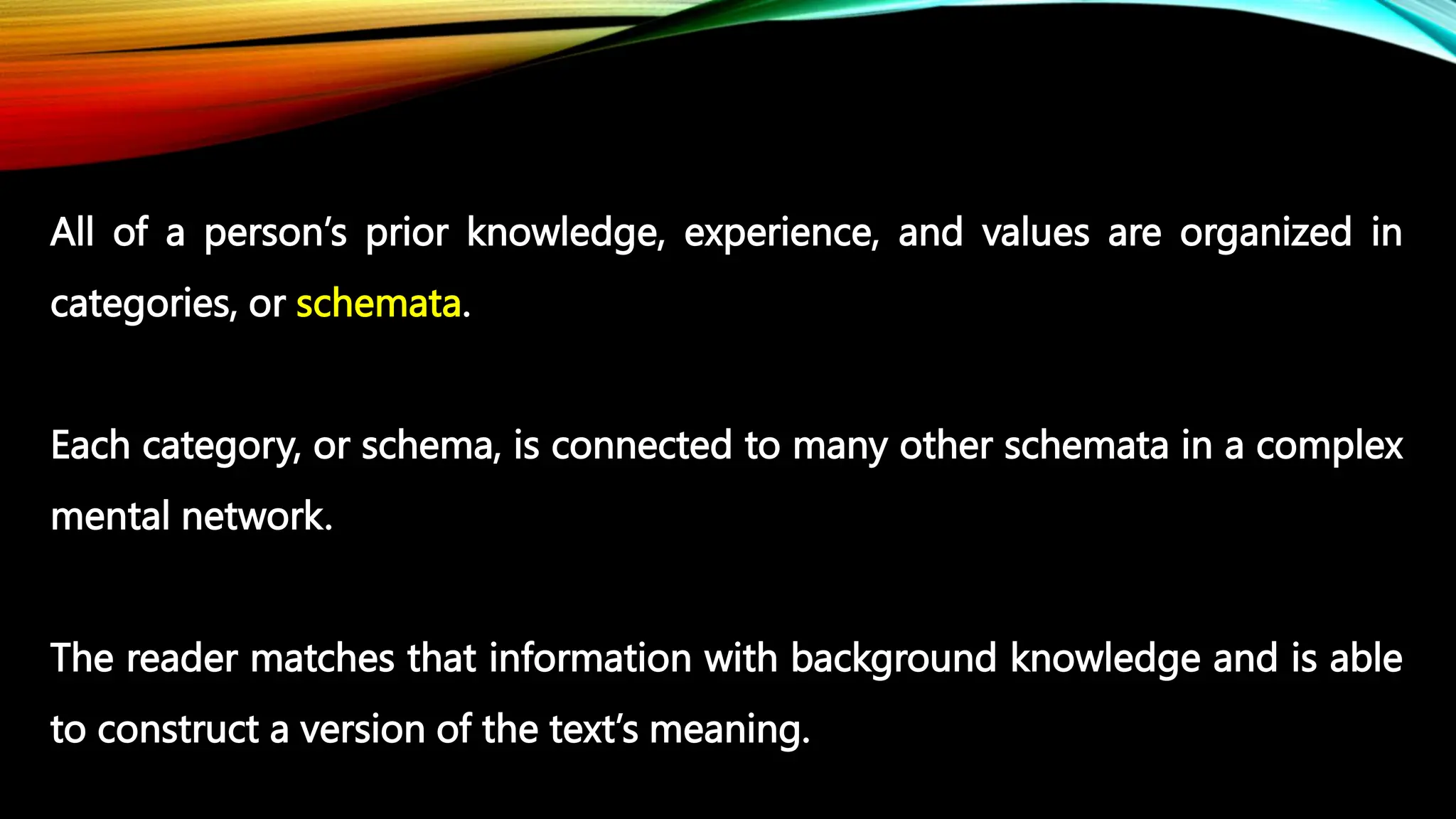 All of a person’s prior knowledge, experience, and values are organized in
categories, or schemata.
Each category, or schema, is connected to many other schemata in a complex
mental network.
The reader matches that information with background knowledge and is able
to construct a version of the text’s meaning.
 