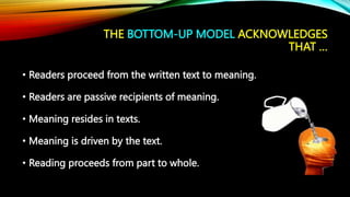 THE BOTTOM-UP MODEL ACKNOWLEDGES
THAT …
• Readers proceed from the written text to meaning.
• Readers are passive recipients of meaning.
• Meaning resides in texts.
• Meaning is driven by the text.
• Reading proceeds from part to whole.
 
