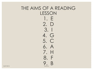 THE AIMS OF A READING
LESSON
1. E
2. D
3. I
4. G
5. C
6. A
7. H
8. F
9. B24/07/2015 santyna
 