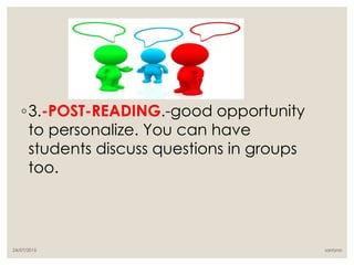 ◦3.-POST-READING.-good opportunity
to personalize. You can have
students discuss questions in groups
too.
24/07/2015 santyna
 
