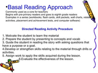 •Basal Reading Approach
Commonly used as a core for teachers
Begins with pre-primary readers and goes to eighth grade readers
Examples in a series (workbooks, flash cards, skill packets, wall charts, related
activities, placement and achievement tests, and computer software)
Directed Reading Activity Procedure
1. Motivate the student to learn the material
2. Prepare the student by presenting to concepts and vocab
3. Guide the student in reading the story with asking questions that
have a purpose or a goal.
4.Develop or strengthen skills relating to the material through drills or
activities.
5. Assign work to apply the skills acquired during the lesson.
6.Evaluate the effectiveness of the lesson.
 