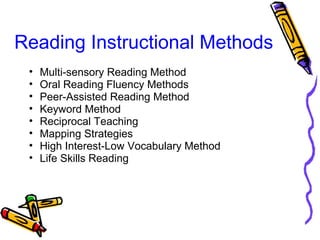 Reading Instructional Methods
• Multi-sensory Reading Method
• Oral Reading Fluency Methods
• Peer-Assisted Reading Method
• Keyword Method
• Reciprocal Teaching
• Mapping Strategies
• High Interest-Low Vocabulary Method
• Life Skills Reading
 