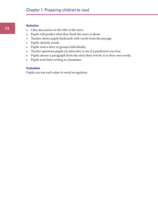 Chapter 1. Preparing children to read

24

Activities
• Class discussion on the title of the story.
• Pupils will predict what they think the story is about.
• Teacher shows pupils flashcards with words from the passage.
• Pupils identify words.
• Pupils read a story in groups/individually.
• Teacher questions pupils (at intervals) to see if a prediction was true.
• Pupils choose a paragraph from the story then rewrite it in their own words.
• Pupils read their writing to classmates.
Evaluation
Pupils can test each other in word recognition.

 
