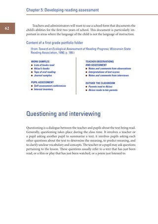 Chapter 5: Developing reading assessment

62

Teachers and administrators will want to use a school form that documents the
child’s abilities for the first two years of school. This document is particularly important in areas where the language of the child is not the language of instruction.

Content of a first grade portfolio folder
(from Toward an Ecological Assessment of Reading Progress, Wisconsin State
Reading Association, 1990, p. 188.)
WORK SAMPLES
Lists of books read
Akissi’s books
Tape of oral reading
Journal samples

TEACHER OBSERVATIONS
AND ASSESSMENT
Notes and comments from observations
Interpretations of test scores
Notes and comments from interviews

PUPIL ASSESSMENT
Self-assessment conferences
Interest inventory

OUTSIDE THE CLASSROOM
Parents read to Akissi
Akissi reads to her parents

Questioning and interviewing
Questioning is a dialogue between the teacher and pupils about the text being read.
Generally, questioning takes place during the class time. It involves a teacher or
a pupil asking another pupil to summarize a text; it involves pupils asking each
other questions about the text to determine the meaning, to predict meaning, and
to clarify unclear vocabulary and concepts. The teacher or a pupil may ask questions
pertaining to the lesson. These questions usually refer to a text that has just been
read, or a film or play that has just been watched, or a poem just listened to.

 