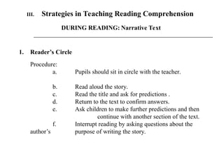 III. Strategies in Teaching Reading Comprehension
1. Reader’s Circle
Procedure:
a. Pupils should sit in circle with the teacher.
b. Read aloud the story.
c. Read the title and ask for predictions .
d. Return to the text to confirm answers.
e. Ask children to make further predictions and then
continue with another section of the text.
f. Interrupt reading by asking questions about the
author’s purpose of writing the story.
DURING READING: Narrative Text
 