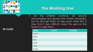 IN CLASS
7. Let the children continue. Go around
encouraging and giving hints where necessary,
but try and get them to help each other first. If
they find it very difficult, draw this grid on the
board to help them:
The Washing Line
NAME FLOOR CLOTHES
Dawn
Peter
Bob
Jane
Mary
Anna
 