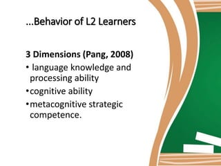 ...Behavior of L2 Learners
3 Dimensions (Pang, 2008)
• language knowledge and
processing ability
•cognitive ability
•metacognitive strategic
competence.
 
