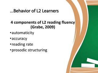 ...Behavior of L2 Learners
4 components of L2 reading fluency
(Grabe, 2009)
•automaticity
•accuracy
•reading rate
•prosodic structuring
 