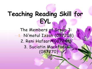 Teaching Reading Skill for EYL The Members of Group 3: Ni’matulIzzah (087208) 2. Reni Hafsari (087244) 3. SuciatinMachfudlo (087270) 