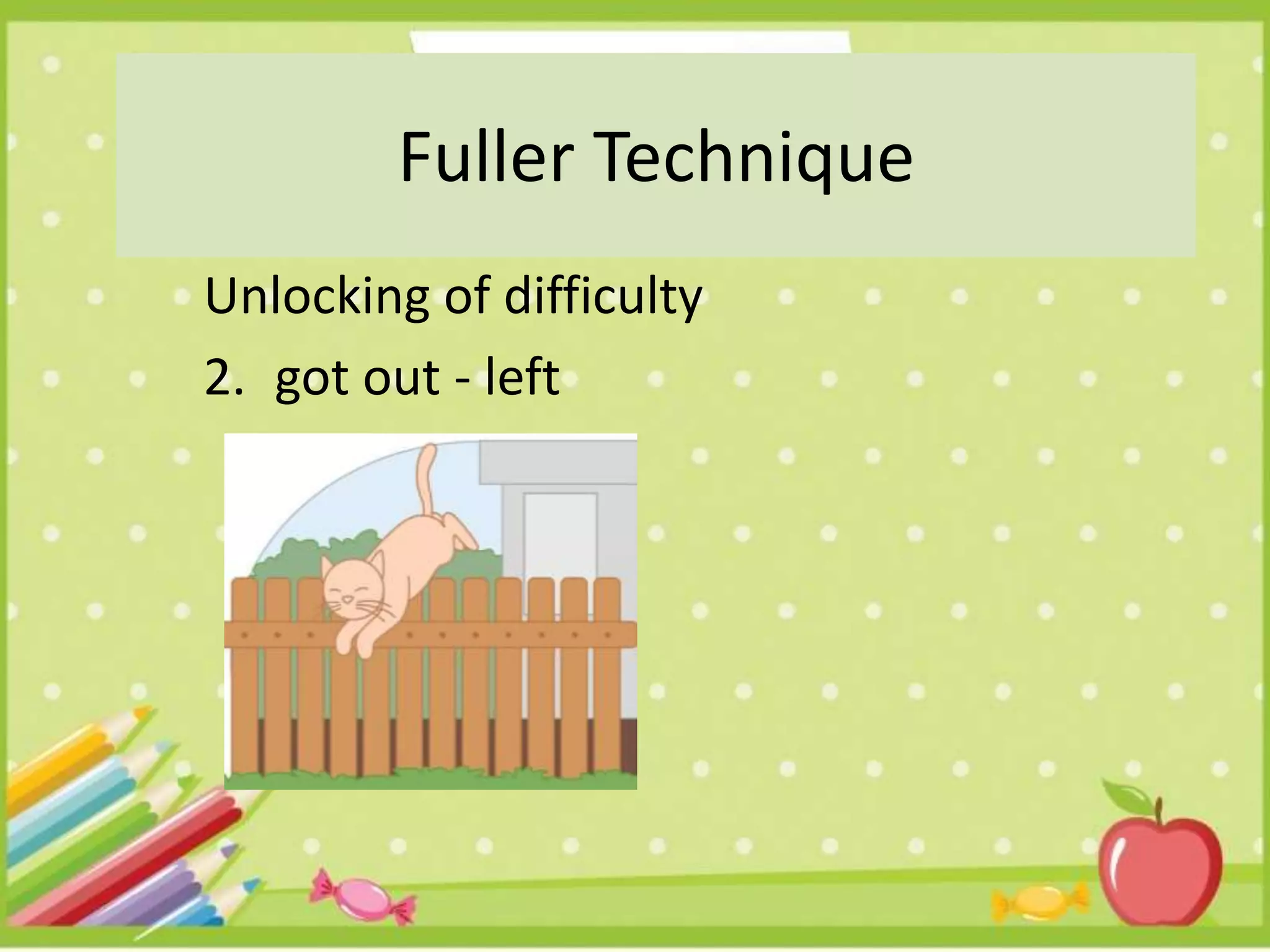 Unlocking of difficulty
2. got out - left
Fuller Technique
 