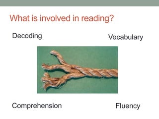 What is involved in reading?
Decoding Vocabulary
Comprehension Fluency
 